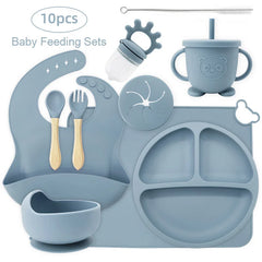 10-piece set with cup cover and fruit pacifier: Light Blue 10-Piece Silicone Bib and Baby Feeding Set | Baby Utensils