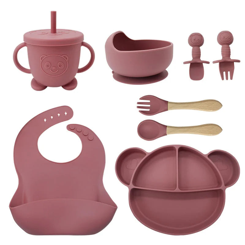 8-Piece Set Dark pink Mickey Mouse Silicone Bibs and Baby Feeding Set