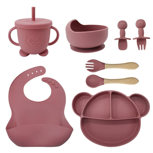8-Piece Set Dark pink Mickey Mouse Silicone Bibs and Baby Feeding Set