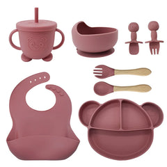 8-Piece Set Dark pink Mickey Mouse Silicone Bibs and Baby Feeding Set