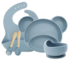 Light Blue Set with silicone bowl 5-piece Silicone Bibs and Baby Feeding Set | Baby Utensils