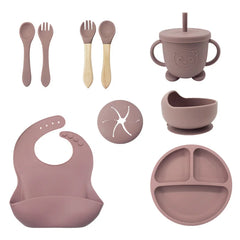 Brown 9 Pcs Silicone Bibs and Baby Feeding Set