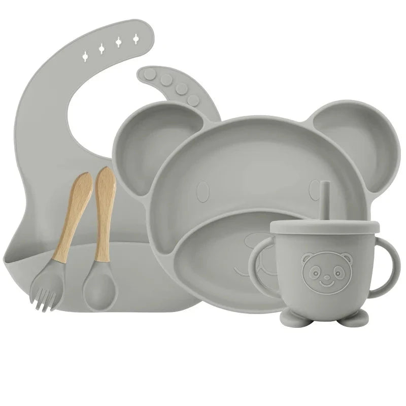 Silver Set with sip cup 5-piece Silicone Bibs and Baby Feeding Set | Baby Utensils