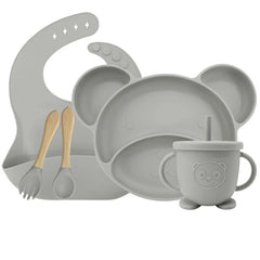 Silver Set with sip cup 5-piece Silicone Bibs and Baby Feeding Set | Baby Utensils