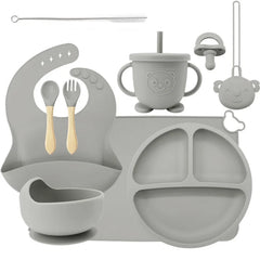 10-piece set with a pacifier and pacifier holder: Silver 10-Piece Silicone Bib and Baby Feeding Set | Baby Utensils