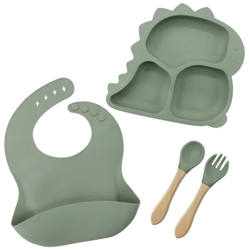 4 piece Matcha Green Dino Silicone Baby Feeding Set | Best Baby Utensils