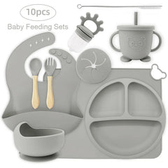 10-piece set with cup cover and fruit pacifier: Silver 10-Piece Silicone Bib and Baby Feeding Set | Baby Utensils