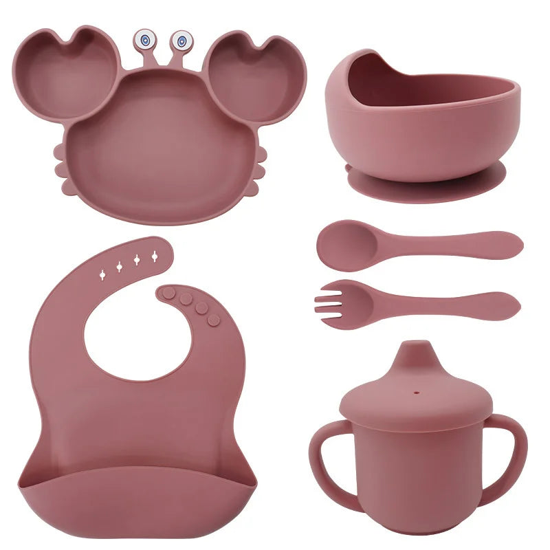 6-Piece Set With Silicone Spoon and Fork Dark pink Crab Shaped Silicone Bib and Baby Feeding Set