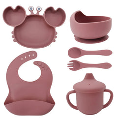 6-Piece Set With Silicone Spoon and Fork Dark pink Crab Shaped Silicone Bib and Baby Feeding Set