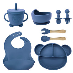 8-Piece Set Dark Blue Mickey Mouse Silicone Bibs and Baby Feeding Set