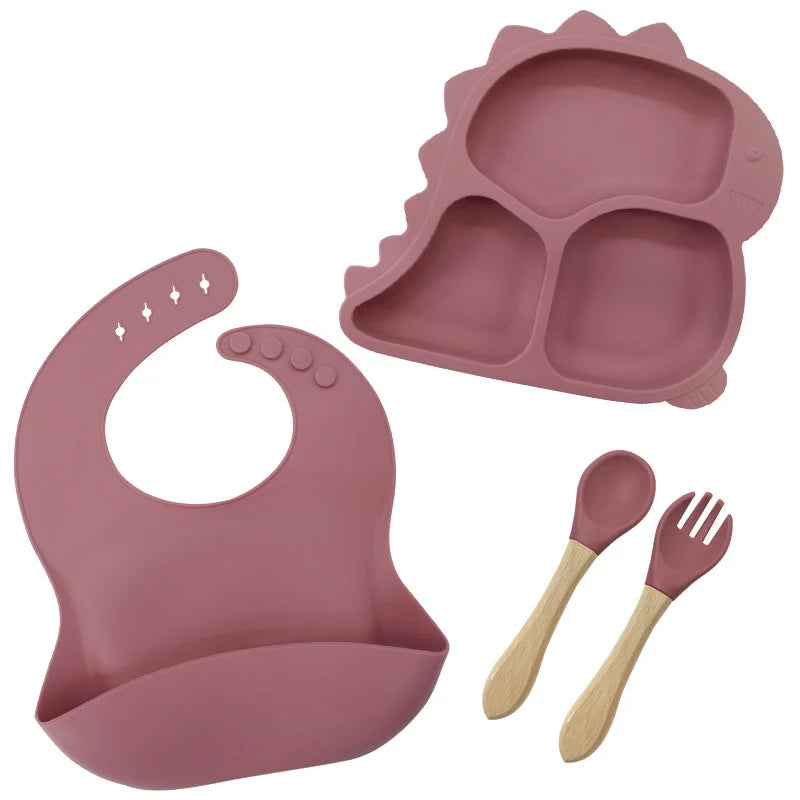 4 piece light brown Dino Silicone Baby Feeding Set | Best Baby Utensils