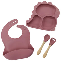 4 piece light brown Dino Silicone Baby Feeding Set | Best Baby Utensils