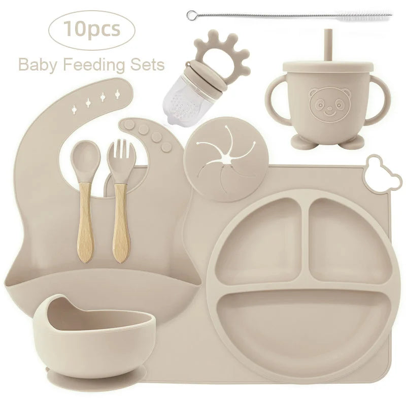 10-piece set with cup cover and fruit pacifier: Beige 10-Piece Silicone Bib and Baby Feeding Set | Baby Utensils