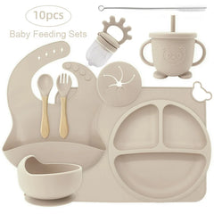 10-piece set with cup cover and fruit pacifier: Beige 10-Piece Silicone Bib and Baby Feeding Set | Baby Utensils