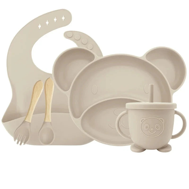 Beige Set with sip cup 5-piece Silicone Bibs and Baby Feeding Set | Baby Utensils
