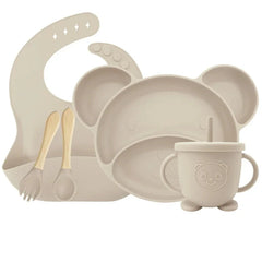 Beige Set with sip cup 5-piece Silicone Bibs and Baby Feeding Set | Baby Utensils