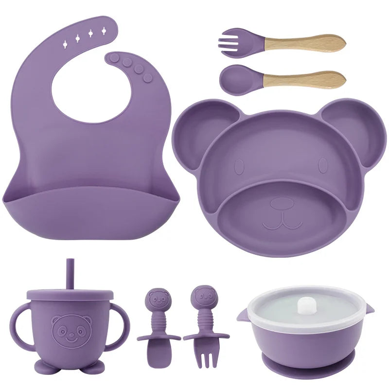 Burgundy 8-piece Mickey silicone bib and feeding set