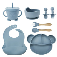 8-Piece Set Light Blue Mickey Mouse Silicone Bibs and Baby Feeding Set