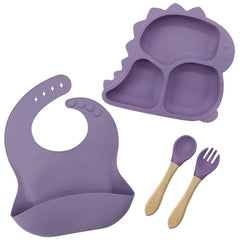 4 piece Burgundy Dino Silicone Baby Feeding Set | Best Baby Utensils