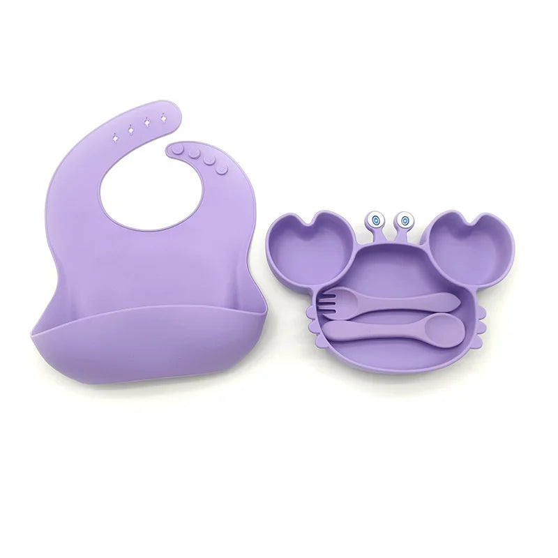 4-Piece Set With Silicone Spoon and Fork Burgundy Crab Shaped Silicone Bib and Baby Feeding Set