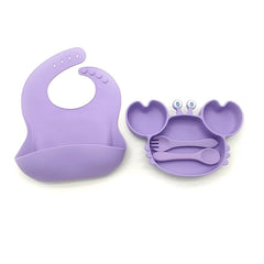 4-Piece Set With Silicone Spoon and Fork Burgundy Crab Shaped Silicone Bib and Baby Feeding Set