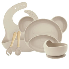 Beige Set with silicone bowl 5-piece Silicone Bibs and Baby Feeding Set | Baby Utensils