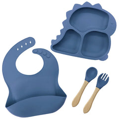 4 piece Dark Blue Dino Silicone Baby Feeding Set | Best Baby Utensils
