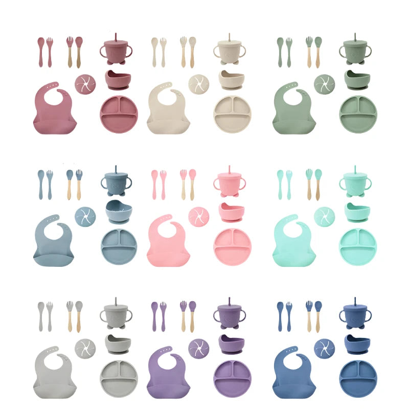 9 Pcs Silicone Bibs and Baby Feeding Set