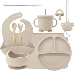 10-piece set with a pacifier and pacifier holder: Beige 10-Piece Silicone Bib and Baby Feeding Set | Baby Utensils