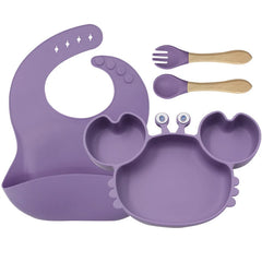 4-Piece Set With Wooden Spoon and Fork Burgundy Crab Shaped Silicone Bib and Baby Feeding Set