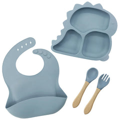 4 piece Light Blue Dino Silicone Baby Feeding Set | Best Baby Utensils