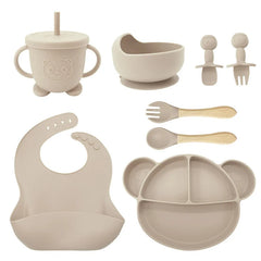 8-Piece Set Beige Mickey Mouse Silicone Bibs and Baby Feeding Set