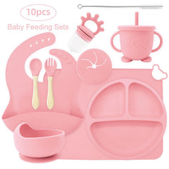 10-piece set with cup cover and fruit pacifier: Light pink 10-Piece Silicone Bib and Baby Feeding Set | Baby Utensils