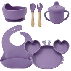 6-Piece Set With Wooden Spoon and Fork Burgundy Crab Shaped Silicone Bib and Baby Feeding Set