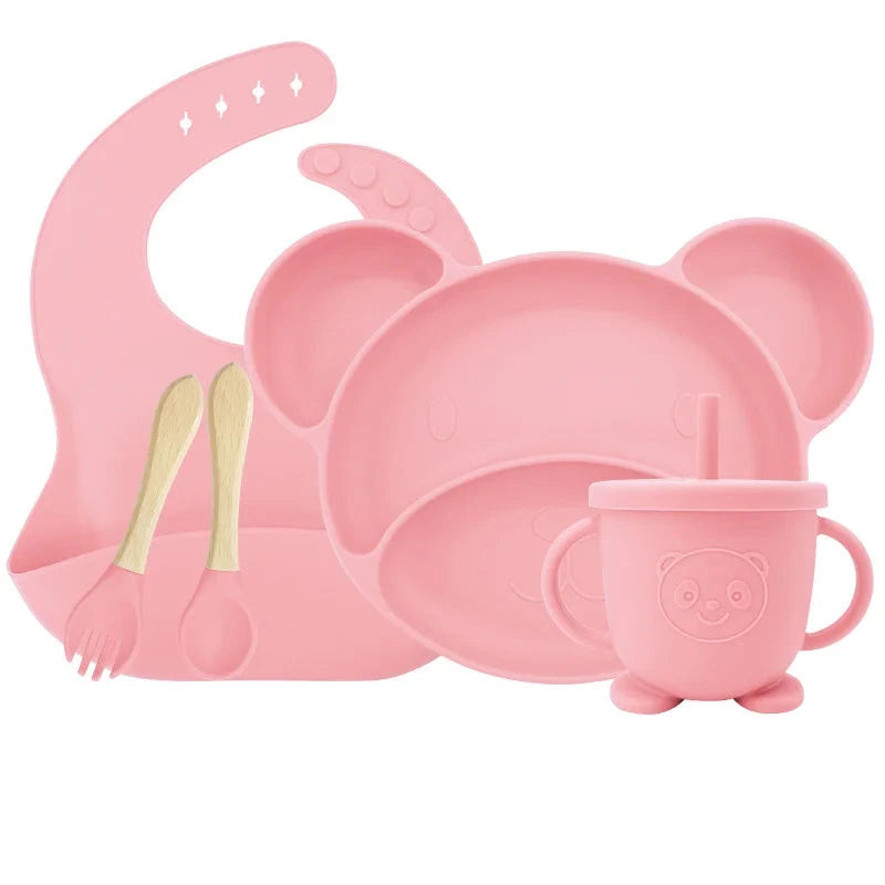 Light pink Set with sip cup 5-piece Silicone Bibs and Baby Feeding Set | Baby Utensils
