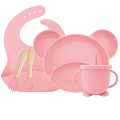 Light pink Set with sip cup 5-piece Silicone Bibs and Baby Feeding Set | Baby Utensils
