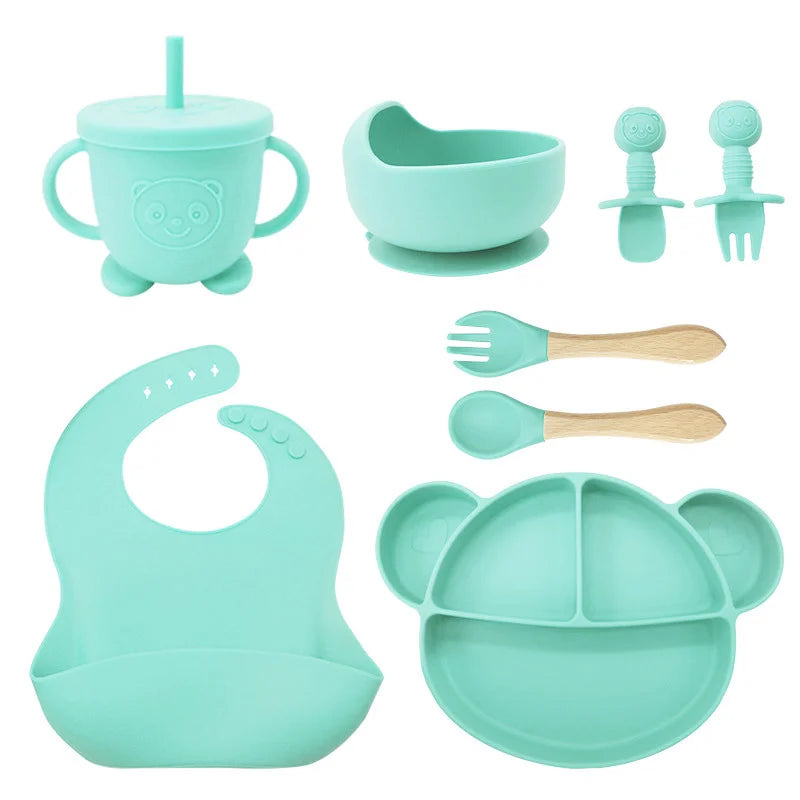 8-Piece Set cyan Mickey Mouse Silicone Bibs and Baby Feeding Set