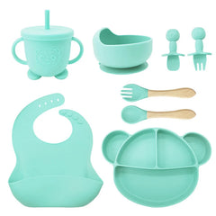 8-Piece Set cyan Mickey Mouse Silicone Bibs and Baby Feeding Set