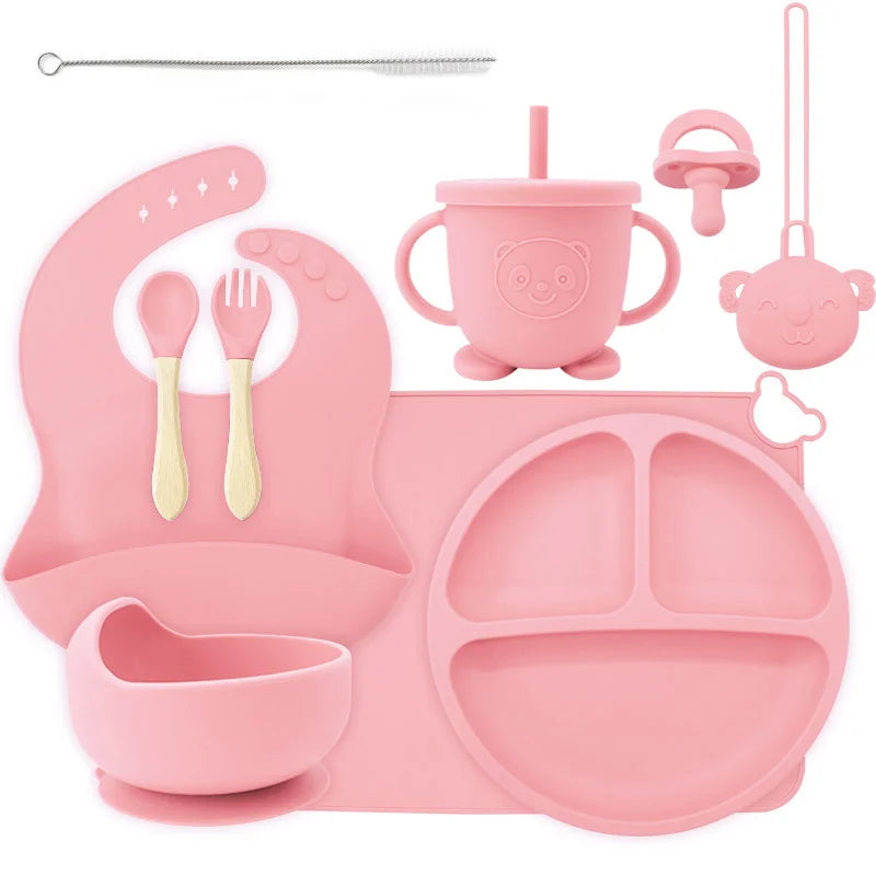 10-piece set with a pacifier and pacifier holder: Light pink 10-Piece Silicone Bib and Baby Feeding Set | Baby Utensils
