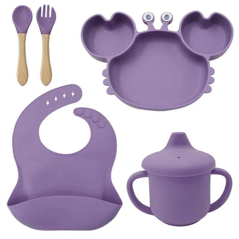 5-Piece Set With Wooden Spoon and Fork Burgundy Crab Shaped Silicone Bib and Baby Feeding Set