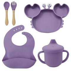 5-Piece Set With Wooden Spoon and Fork Burgundy Crab Shaped Silicone Bib and Baby Feeding Set
