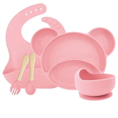 Light pink Set with silicone bowl 5-piece Silicone Bibs and Baby Feeding Set | Baby Utensils