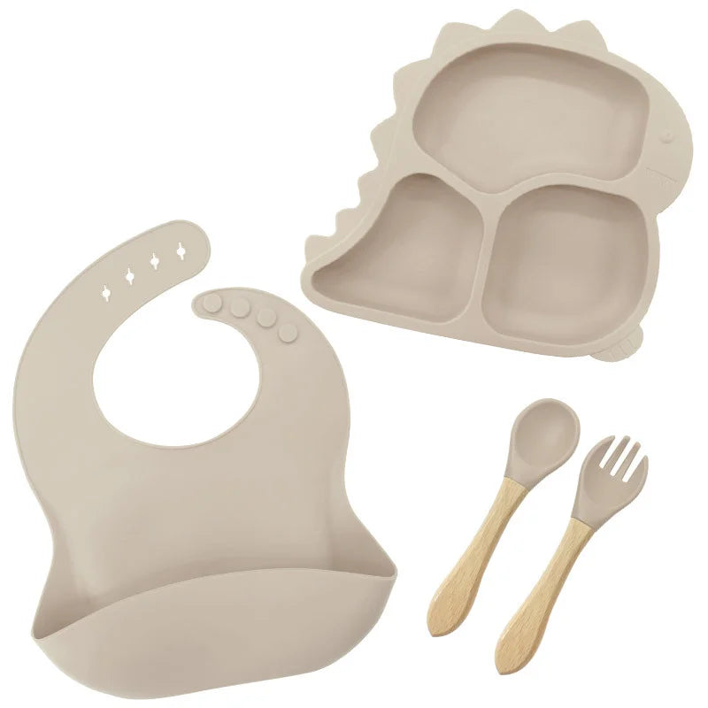 4 piece Beige Dino Silicone Baby Feeding Set | Best Baby Utensils