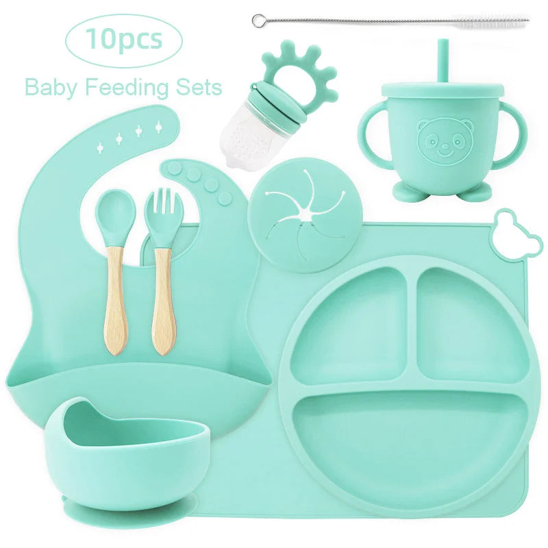 10-piece set with cup cover and fruit pacifier: cyan 10-Piece Silicone Bib and Baby Feeding Set | Baby Utensils