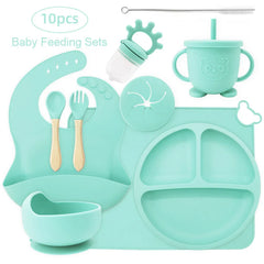 10-piece set with cup cover and fruit pacifier: cyan 10-Piece Silicone Bib and Baby Feeding Set | Baby Utensils