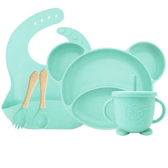 cyan Set with sip cup 5-piece Silicone Bibs and Baby Feeding Set | Baby Utensils