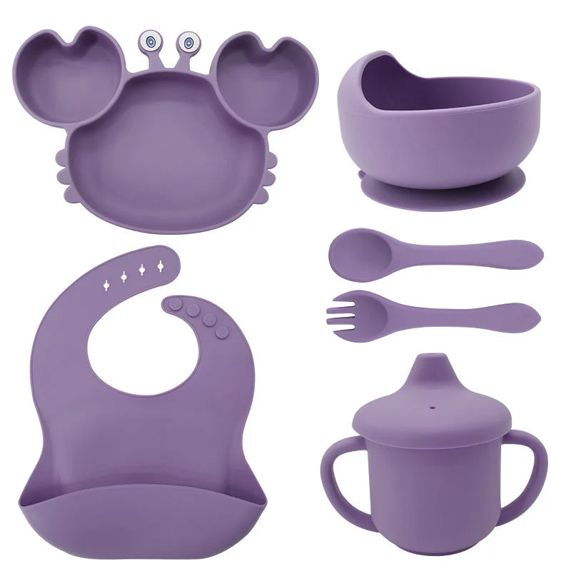 6-Piece Set With Silicone Spoon and Fork Burgundy Crab Shaped Silicone Bib and Baby Feeding Set