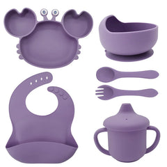 6-Piece Set With Silicone Spoon and Fork Burgundy Crab Shaped Silicone Bib and Baby Feeding Set