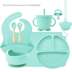 10-piece set with a pacifier and pacifier holder: cyan 10-Piece Silicone Bib and Baby Feeding Set | Baby Utensils