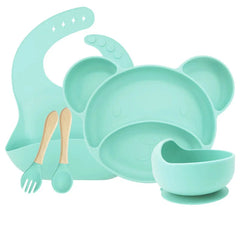 cyan Set with silicone bowl 5-piece Silicone Bibs and Baby Feeding Set | Baby Utensils